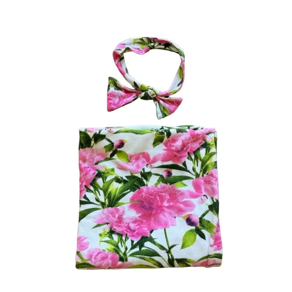 Touched by Nature Baby Girl Pink Floral Organic Cotton Swaddle Blanket Headband